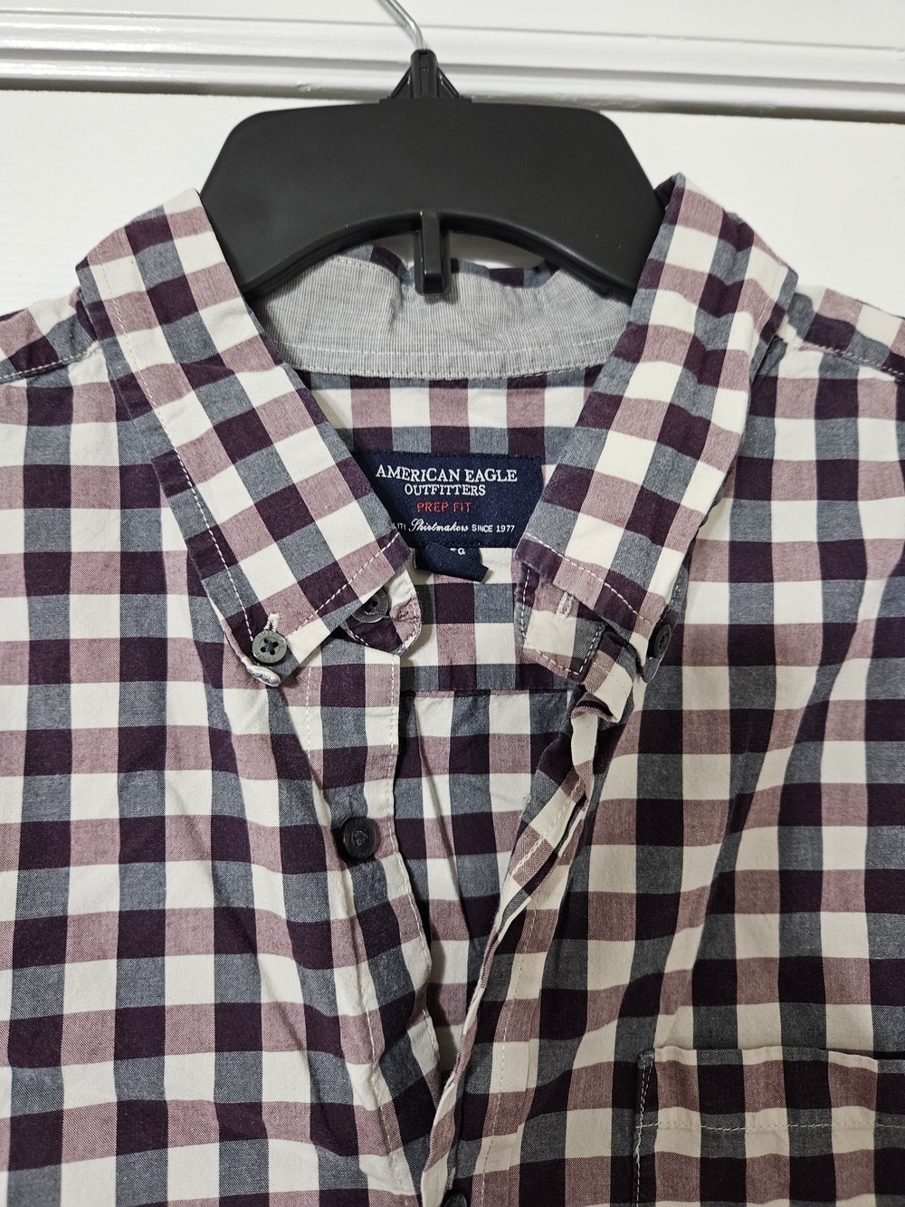 American Eagle Outfitters Men's Burgundy and Gray Check Button-Down Shirt